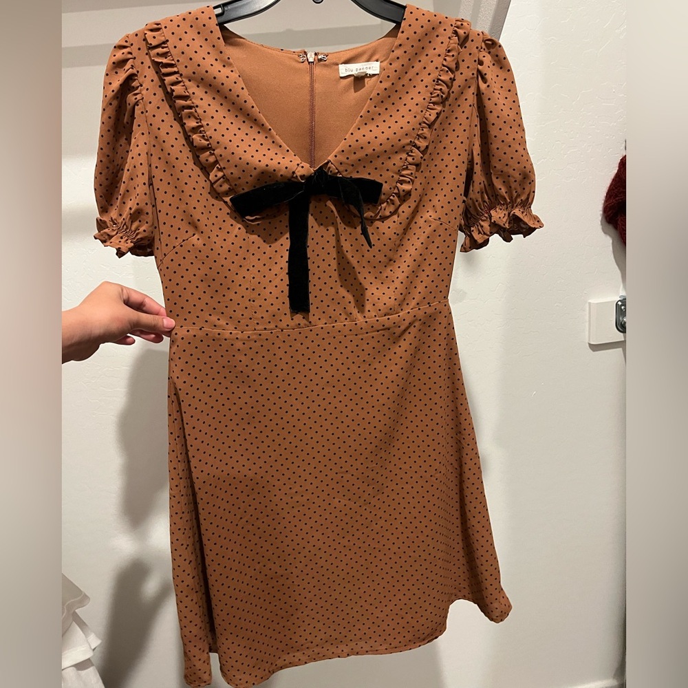 Brown Polka Dot Mini Dress with Black Bow